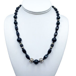 Vintage Smooth Jet Black Opaque Glass Rhinestone Rondelle Beaded Necklace 18"